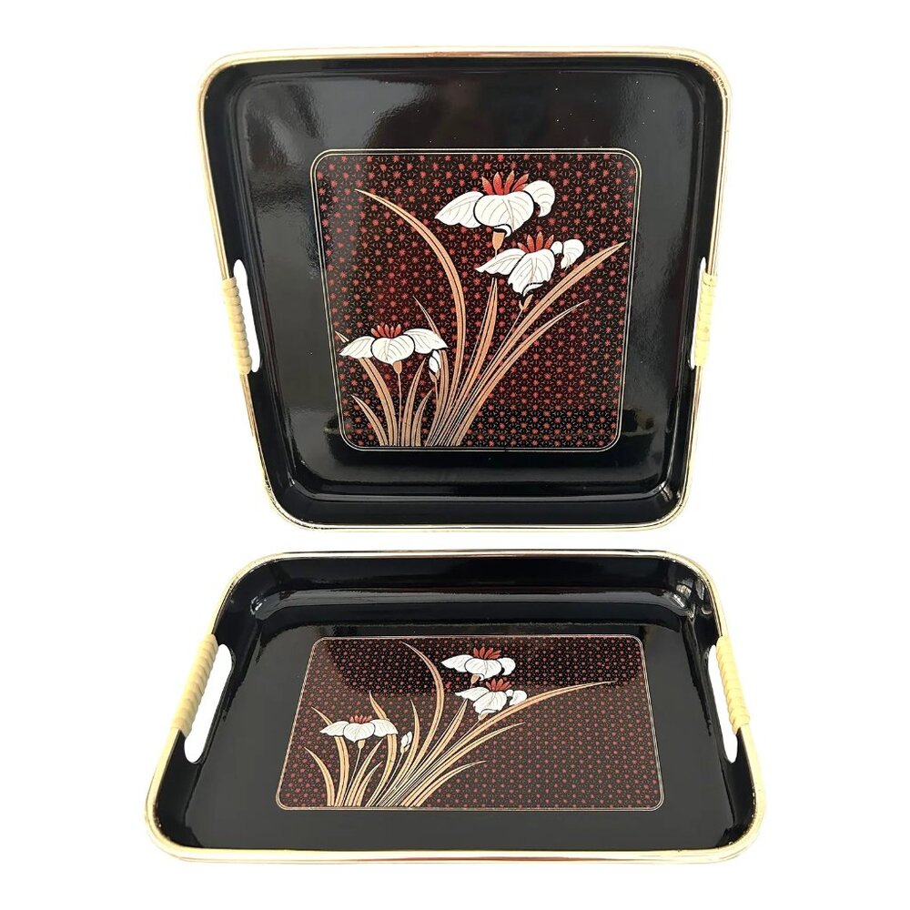 Vintage Toyo Japan Black Lacquerware White Lilly Nesting Trays, a Pair